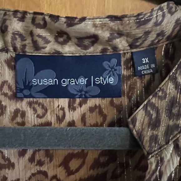 Susan Graver Sheer Leopard Print Button Down top with Lurex pinstripes. Size 3X - Picture 4 of 5